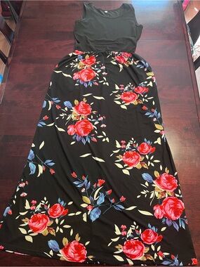 Black Floral Maxi Dress with Red Rose Print